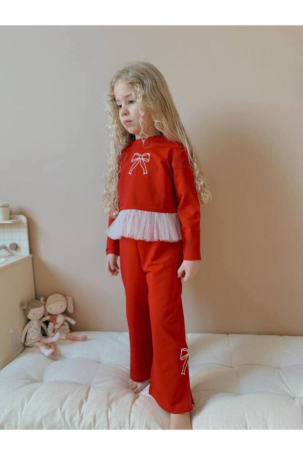 Girl's Bow Detail Tulle Two Thread Fabric Lycra Suit Eid