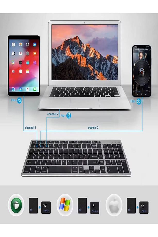Sessiz Şarjlı İOS/ANDROİD/WİNDOWS Uyumlu Bluetooth 2.4G Kablosuz Klavye Mouse Seti - 7