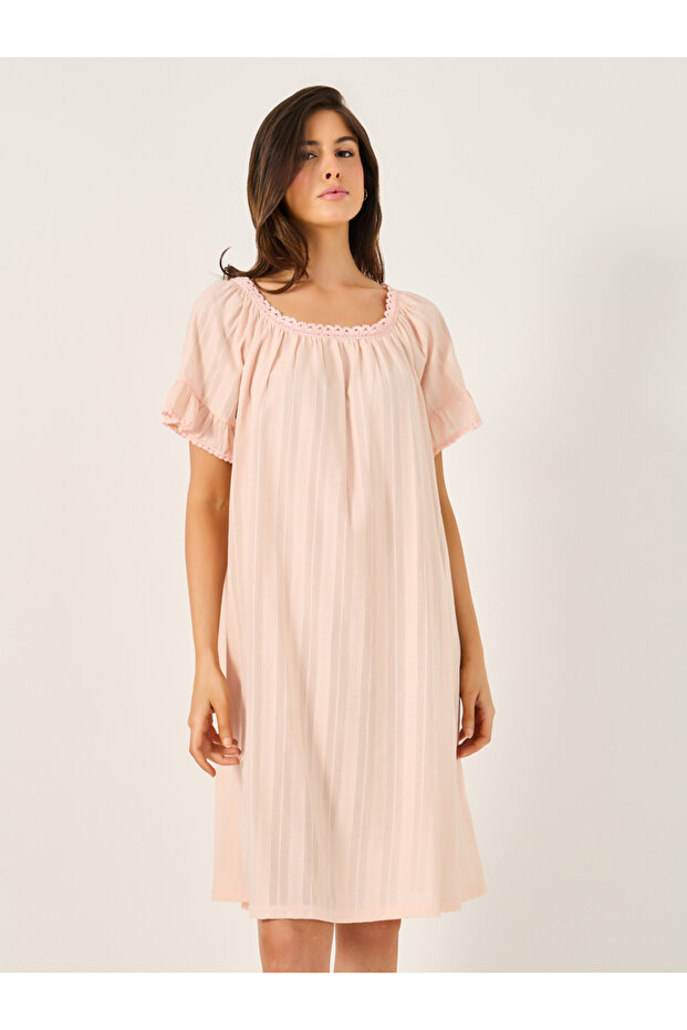 Cotton Stripe Jacquard and Lace Trim Ruffle Sleeve Nightdress