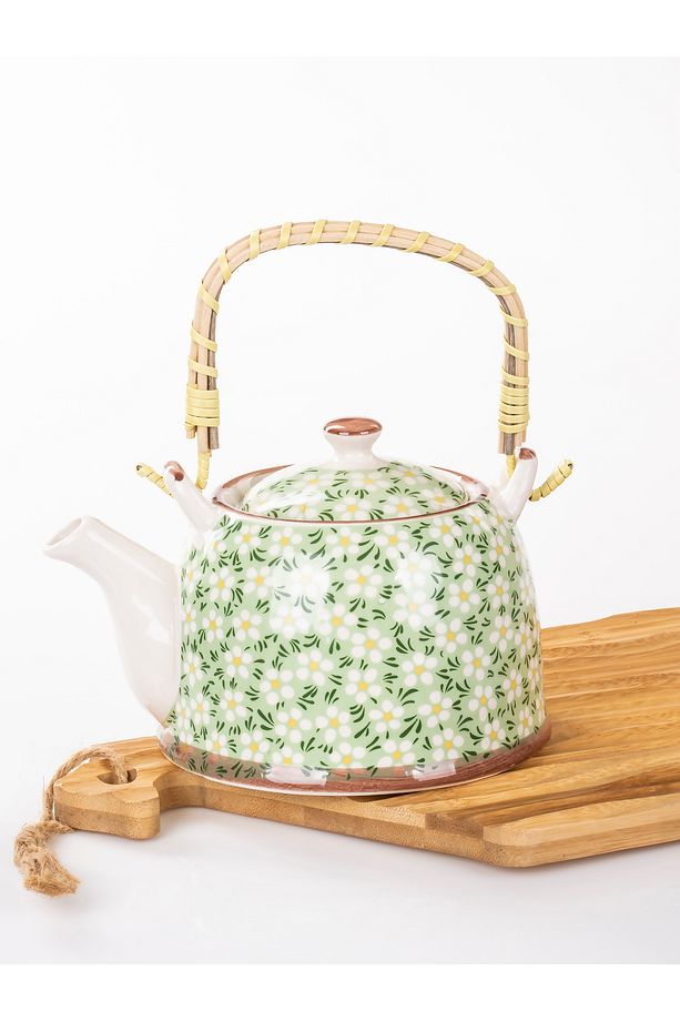 Hasır Saplı Porselen Demlik  Çiçek Desenli, 900ml Çay , Kahve , Bitki çayı Sunum - 3