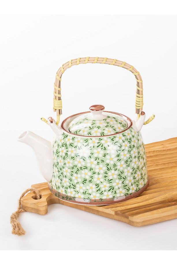 Hasır Saplı Porselen Demlik  Çiçek Desenli, 900ml Çay , Kahve , Bitki çayı Sunum - 4