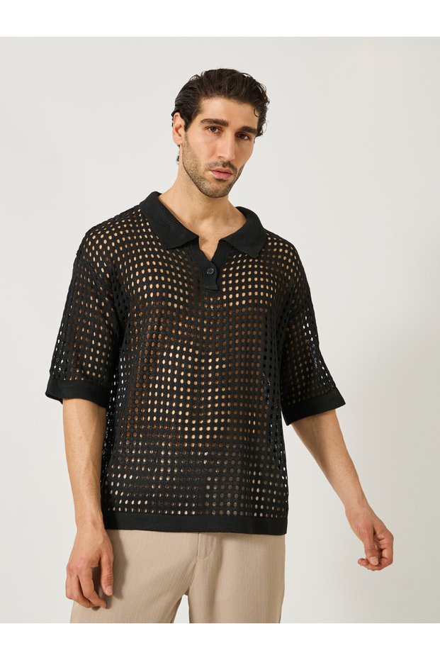Crochet Knit Oversized Revere Collar Polo T-Shirt