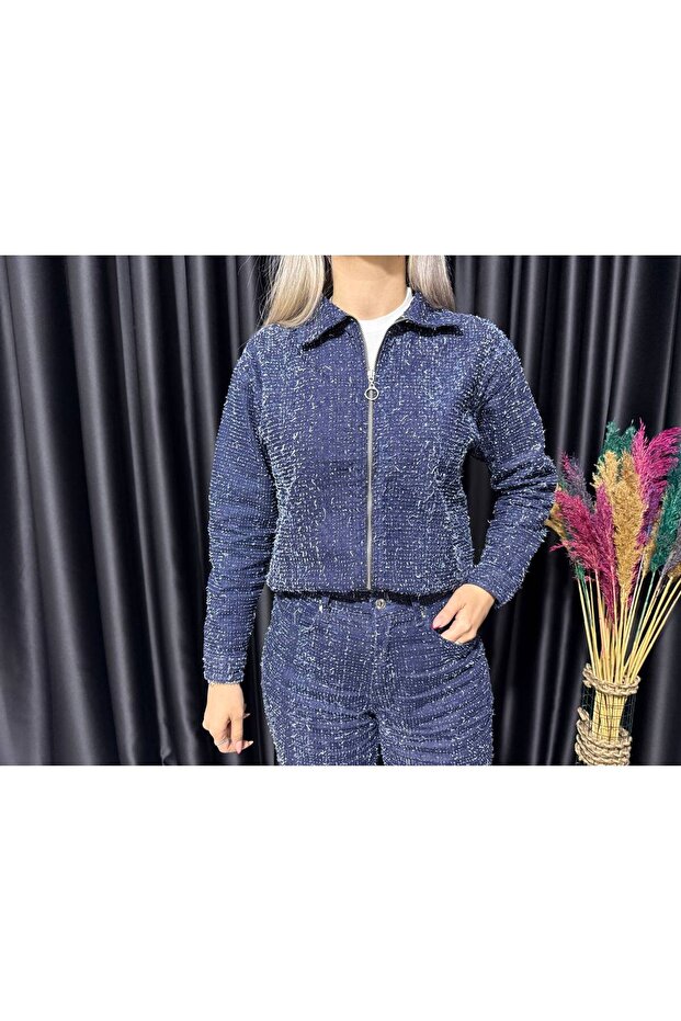 Dokulu Fermuarlı Kot Ceket - 3