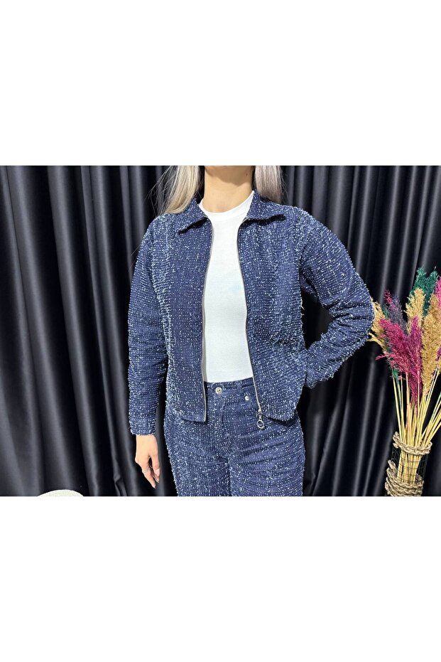 Dokulu Fermuarlı Kot Ceket - 1