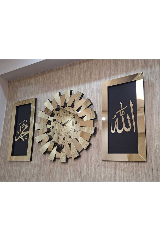 3 lü Duvar Saati  Piyano Model Allah Muhammed Lafzı Tablo 3 Boyutlu Aynalı Pleksi Türk Rakam Gold - 1