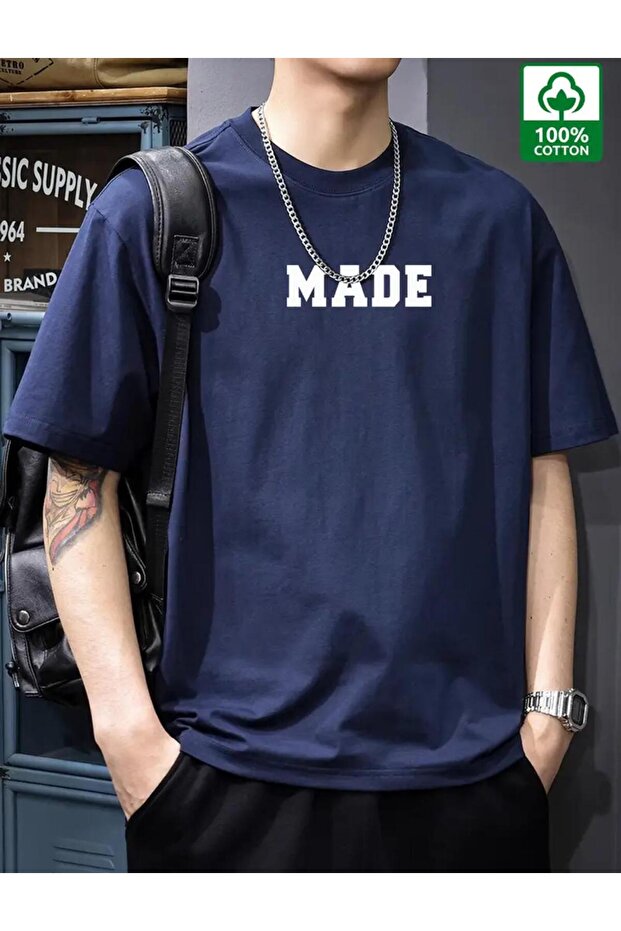 Made Printed Men's Cotton Combed Crew-Neck Navy Blue T-shirt