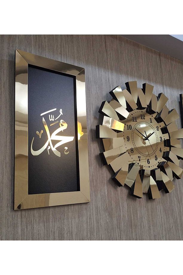 3 lü Duvar Saati  Piyano Model Allah Muhammed Lafzı Tablo 3 Boyutlu Aynalı Pleksi Türk Rakam Gold - 6