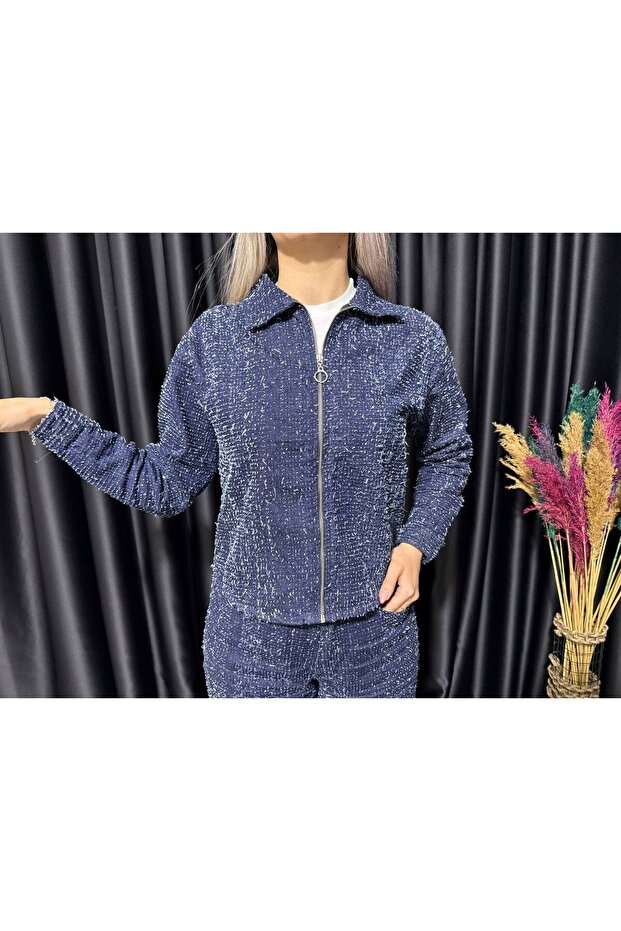 Dokulu Fermuarlı Kot Ceket - 2