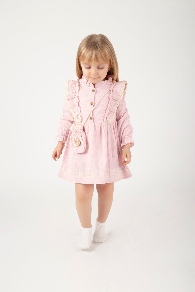 Girl's Bag and Lacy Muslin Cloth Winter Pink Eid Dress (2-3-4-5 Years)