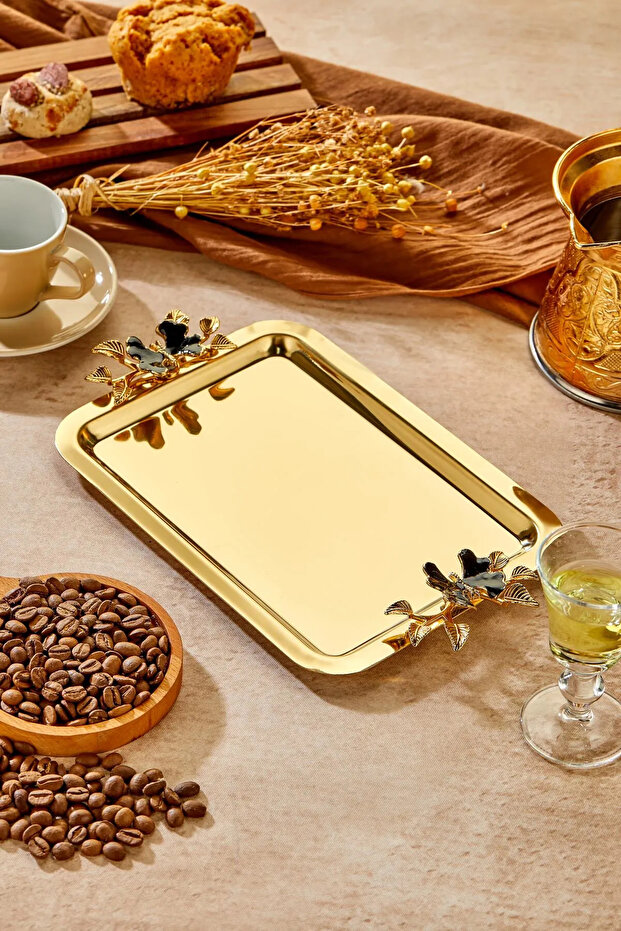 1 Piece Elegante Gold Series Duo Luna Nera Handle Patterned Presentation Tray | Promise Engagement Tray 22X16Cm