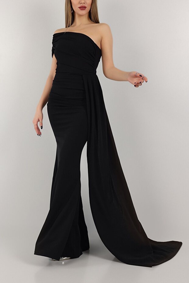 One Shoulder Asymmetrical Design Shawl Detail Maxi Length Evening Dress