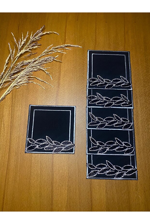 6 Pieces Black Gardenia Linen Leaf Brooch Square Cocktail Presentation Napkin
