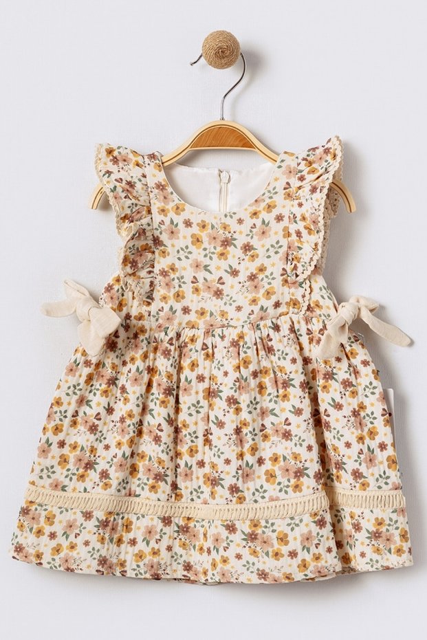 Cotton Fabric Lined Lace Detailed Flared Flower Print Baby Girl Dress 15713