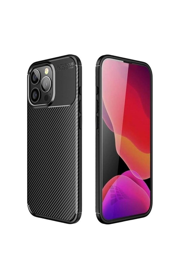 جراب سيليكون متوافق مع هاتف Apple iPhone 15 Pro Max بنمط كربوني مع غطاء حماية للكاميرا والتركيز التلقائي