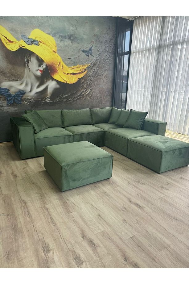 Angelo 4 Modül + 2 Puf Köşe Koltuk Takımı (6 Modül) Babyface Kumaş Yeşil - 4