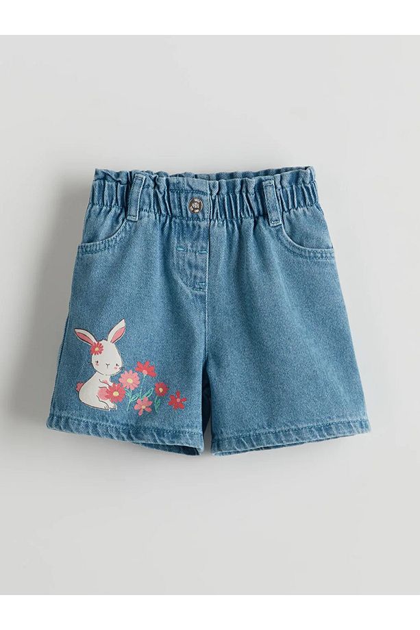 LCW Kids Mavi Beli Lastikli Baskılı Kız Çocuk Jean Şort - 1