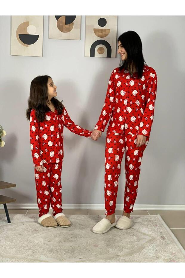 Mother Daughter Combination Front Buttoned Baby Collar 100% Cotton Kitty Kitten Patterned Pajama Set (Red) - 4
