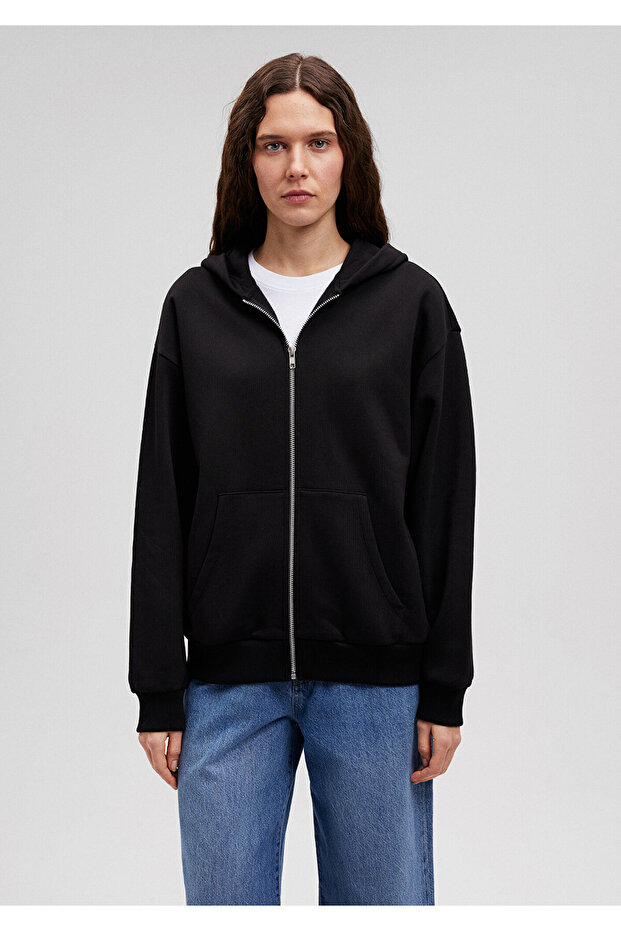 Fermuarlı Kapüşonlu Siyah Basic Sweatshirt 1611775-900 - 3