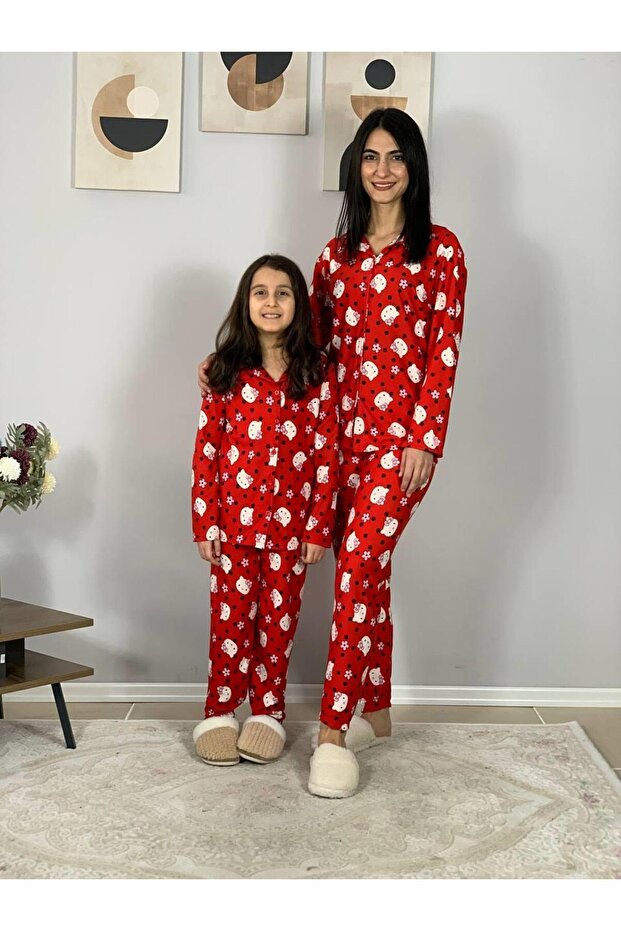 Mother Daughter Combination Front Buttoned Baby Collar 100% Cotton Kitty Kitten Patterned Pajama Set (Red) - 3