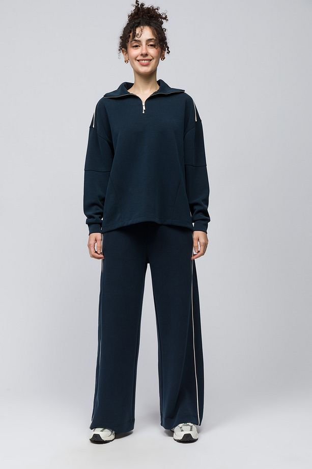 Lugo - Tek Biyeli Oversize Yakası Fermuar Detaylı Önü Kısa Arkası Uzun Modal Sweatshirt - Lacivert - 2