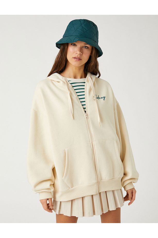 Şardonlu Kolej Sweatshirt Kapüşonlu Oversize Fermuarlı Baskılı Cep Detaylı - 3