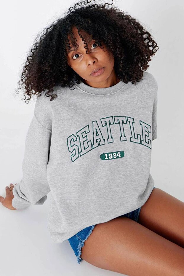 Gri Unisex Baskılı Oversize Sweatshirt - 1