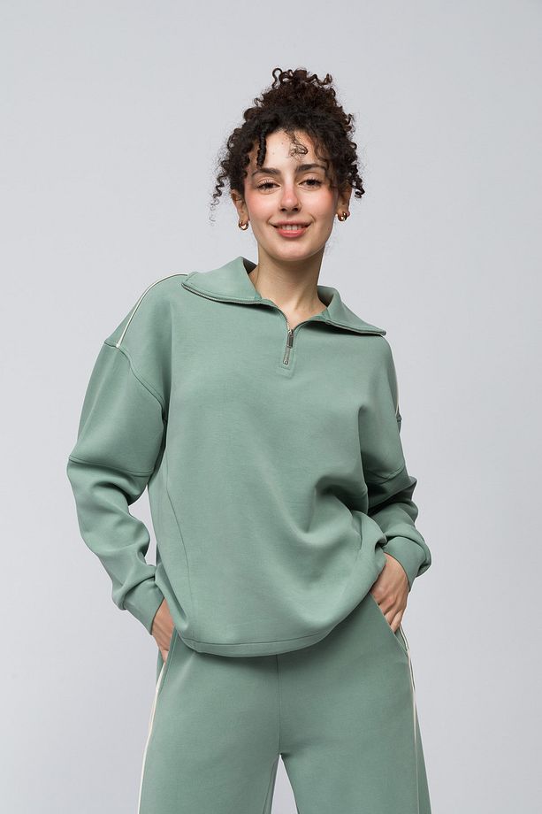 Lugo - Tek Biyeli Oversize Yakası Fermuar Detaylı Önü Kısa Arkası Uzun Modal Sweatshirt - Açık Yeşil - 1