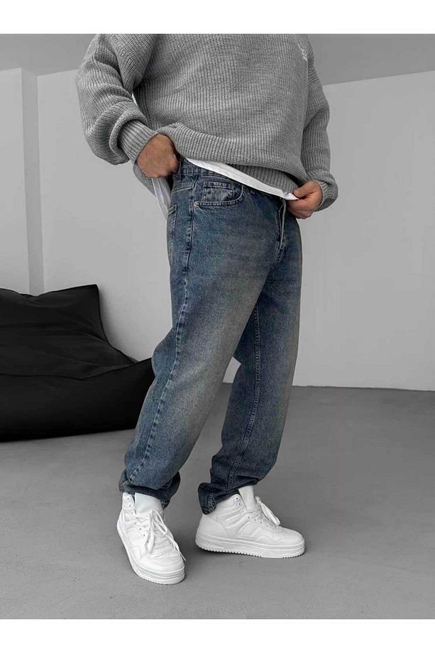 Baggy Koyu Mavi Eskitme Model Kot Pantolon - 2