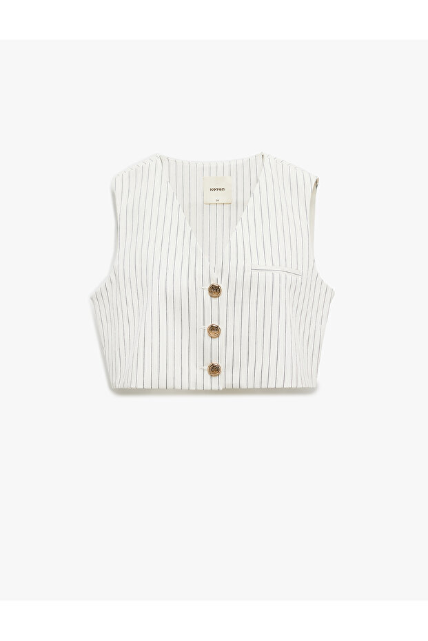 Cotton Buttoned V Neck Sleeveless Striped Crop Blazer Vest
