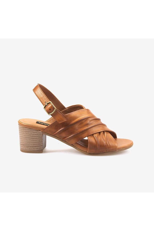 Women's Eva Sole Genuine Leather 6cm Tan Heeled Sandals 9012