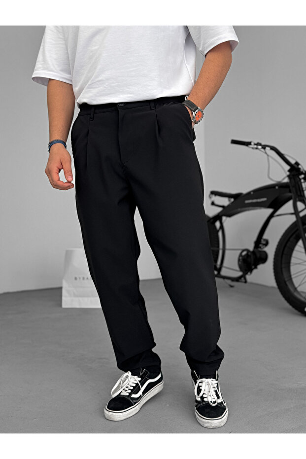Siyah Regular Fit Pileli Paraşüt Pantolon C-6250 - 1
