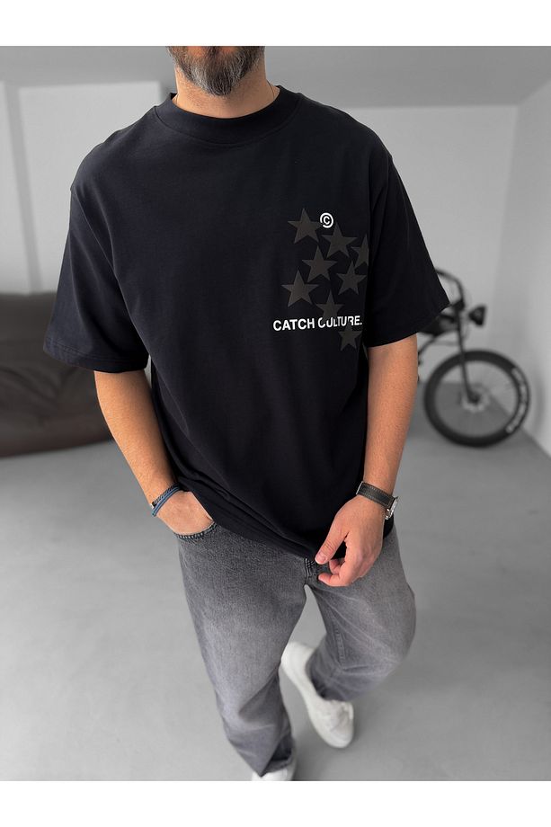 Siyah Yıldızlı C Baskılı Oversize T-Shirt C-058 - 4