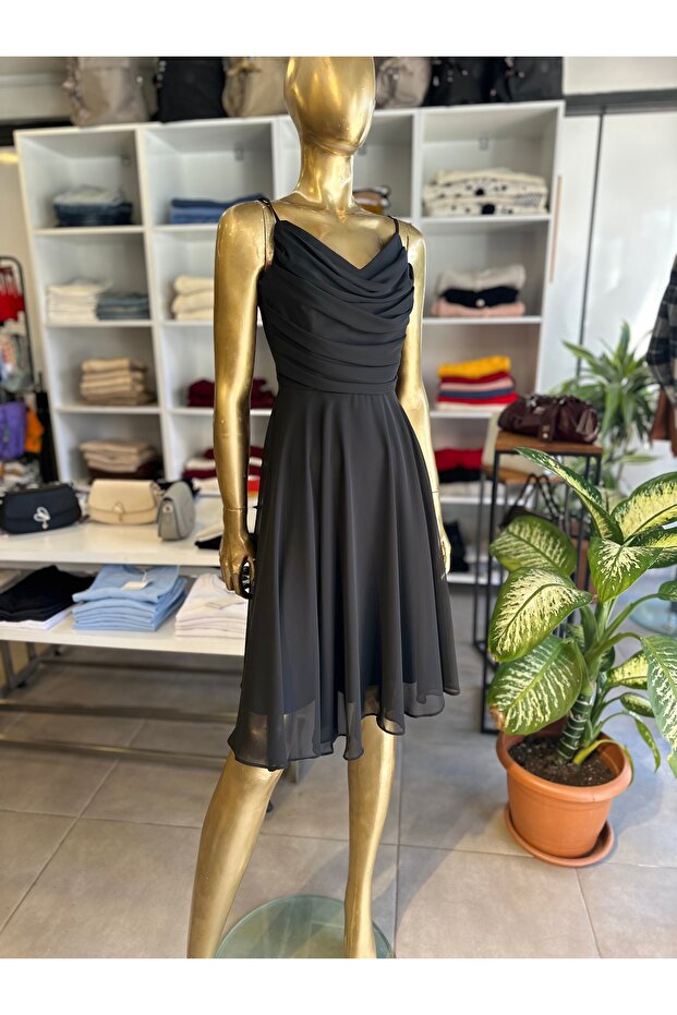 Siyah Şifon Elbise - 4