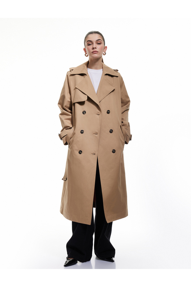 Cotton Long Sleeve Belted Double Breasted Gabardine Trench Coat