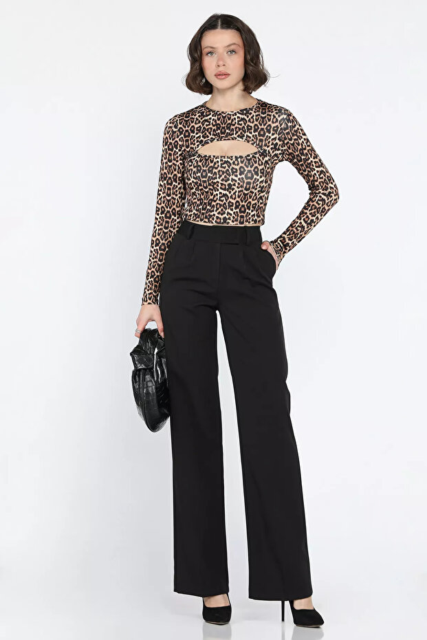 Black Waist Velcro Wide Leg Women's Fabric Trousers