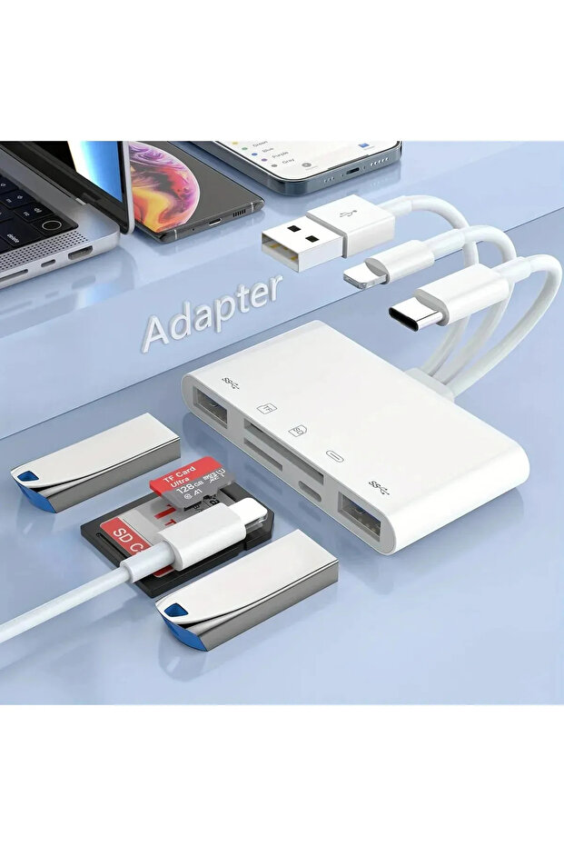 5 in 1 Lightning  Usb-A  Type-C Çıkışlı Çoklu OTG Çevirici Adaptör SD TF Kart Okuyucu USB Hub - 2