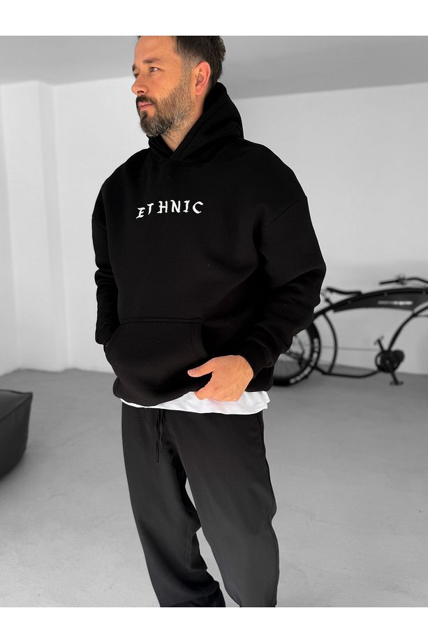 Siyah Ethnic Patchli Kapüşonlu Sweat B-2021 - 3
