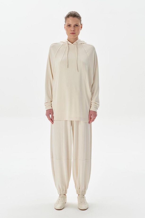 Modal Örme Kapüşonlu Oversize Sweatshirt Ekru - 1