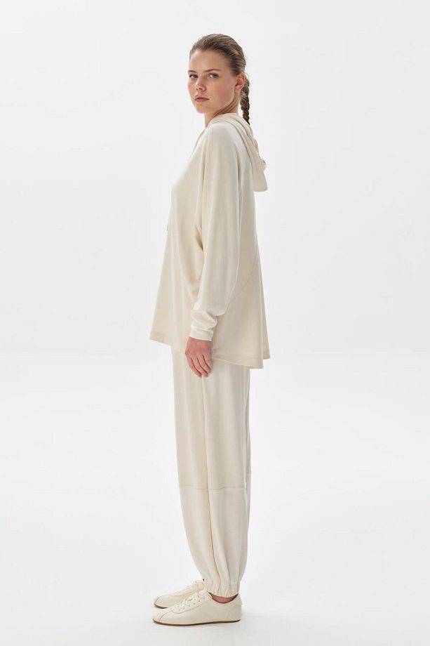 Modal Örme Kapüşonlu Oversize Sweatshirt Ekru - 4