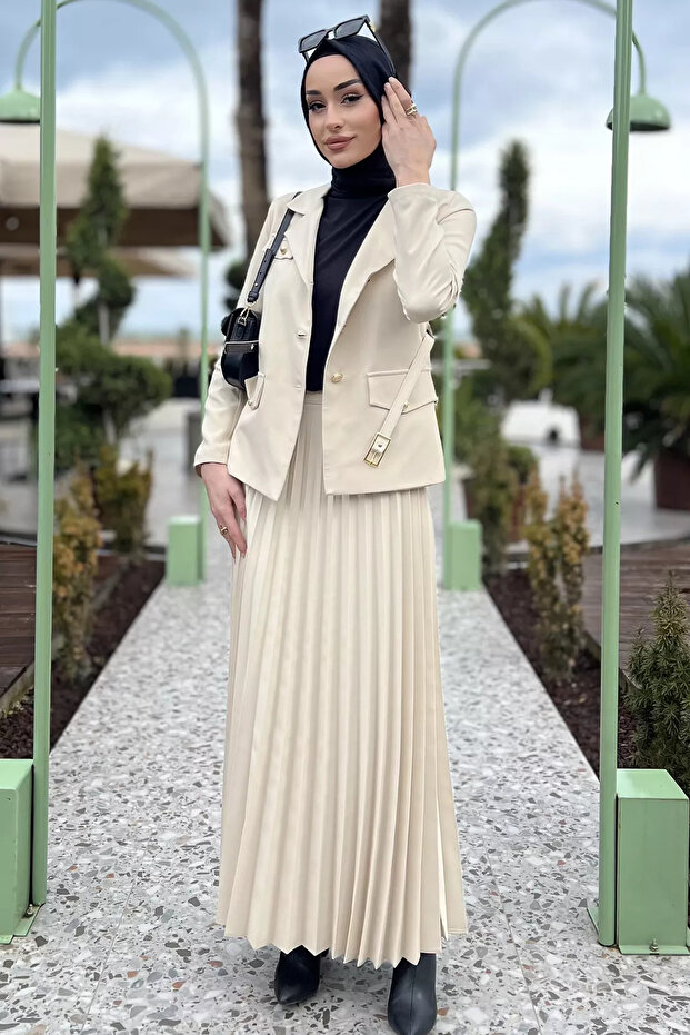 Beige Women's Belt Accessory Blazer Jacket Skirt Hijab Double Set