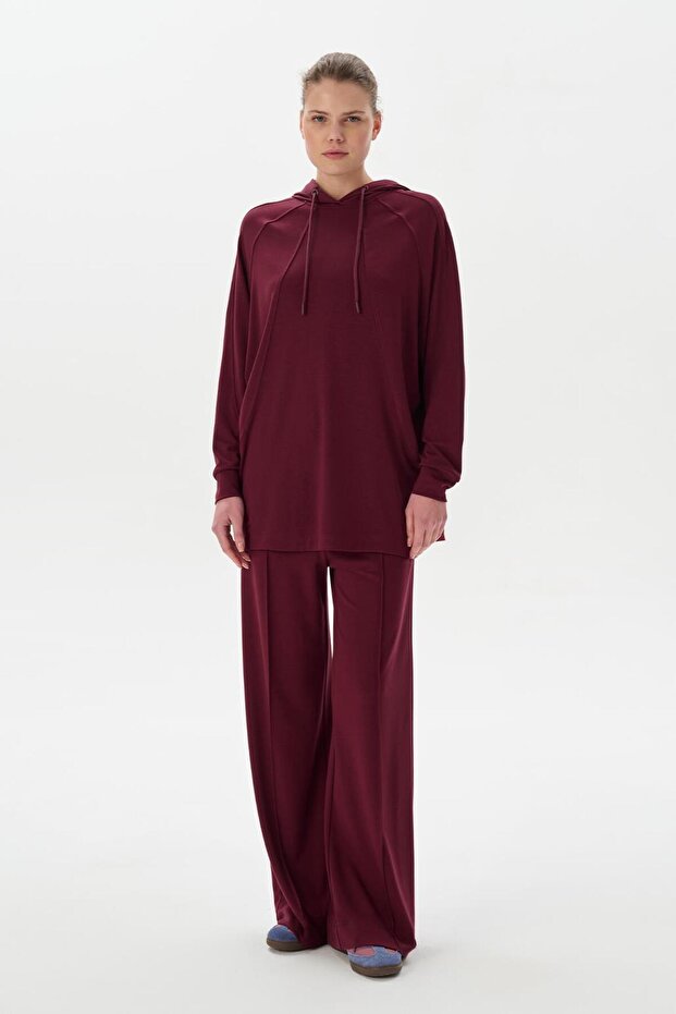 Modal Örme Kapüşonlu Sweatshirt Bordo - 1