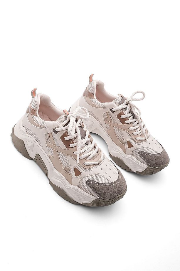 Kadın Yüksek Taban Sneaker Bağcıklı Spor Ayakkabı Virez Bej - 5
