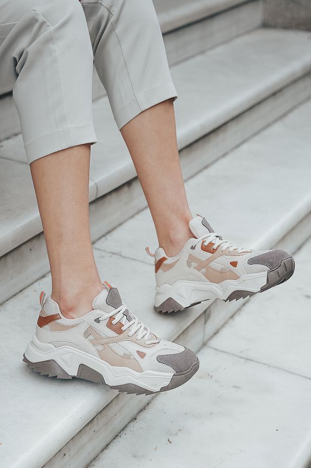 Kadın Yüksek Taban Sneaker Bağcıklı Spor Ayakkabı Virez Bej - 2