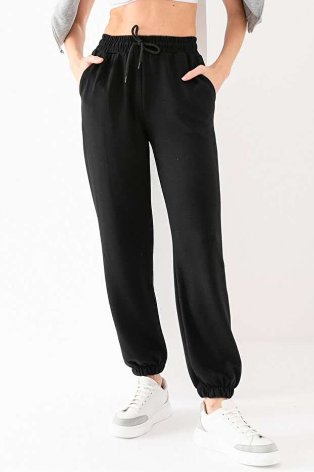 Women's Black Modal Fabric High Waist Double Pocket Soft Textured Rubber Leg Detailed Sweatpants