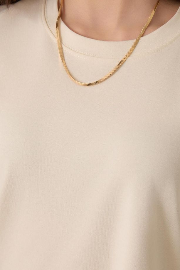 Krem %100 Pamuklu Bisiklet Yaka Basic Kısa Kollu Oversize T-Shirt - 7