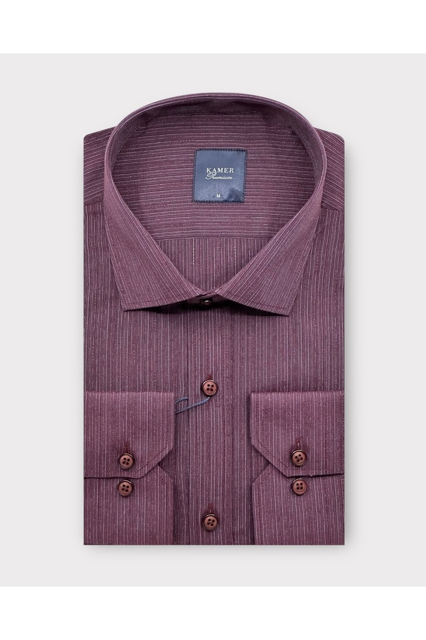 Men's Regular Fit Long Sleeve Classic Collar Single Pocket Printed Burgundy Shirt 3612R