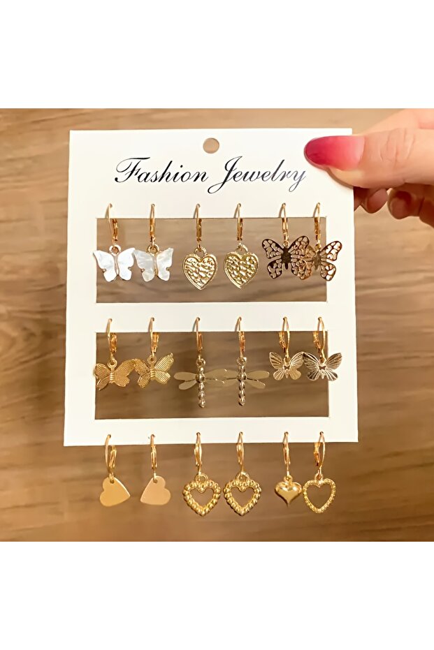 Gold 1 9 Pairs/ Set Exquisite Butterfly Heart Dragonfly Design Dangle Earrings Simple Vacation Styl