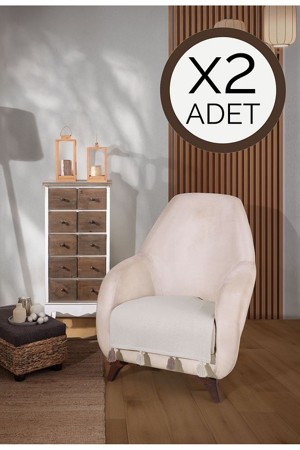 Liva Ponponlu Ekru Berjer 2 Adet Tekli Koltuk Örtüsü 115x90 Cm Berjer Şalı Püsküllü - 1