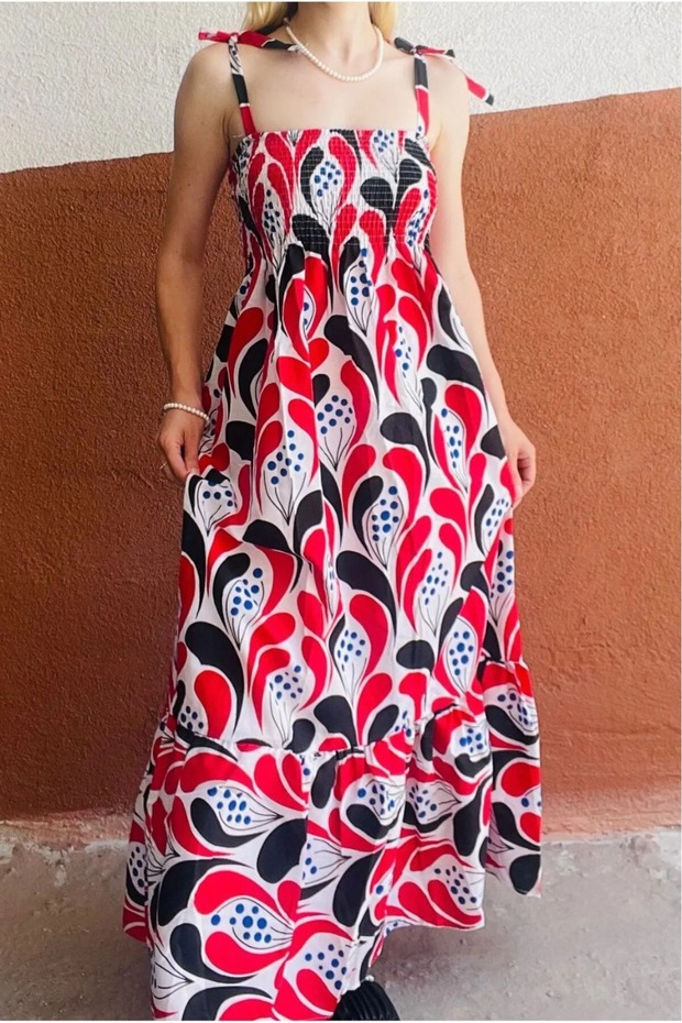 Women's Floral Print Ruffle and Drawstring Detailed Gipeli Shoulder Strap Poplin Dress