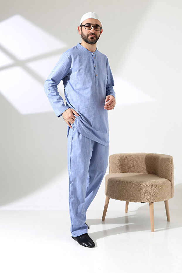 Men's Single Pocket Shirt Pants Double Suit Hajj and Umrah Clothing Blue (Vşn)